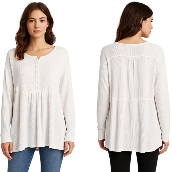 Free people white waffle knit over-sized thermal henley - Picture 3 of 12
